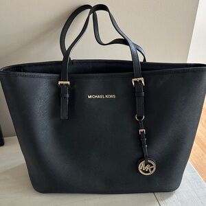 Michael Kors Black Leather Logo Tote with Gold Hardware